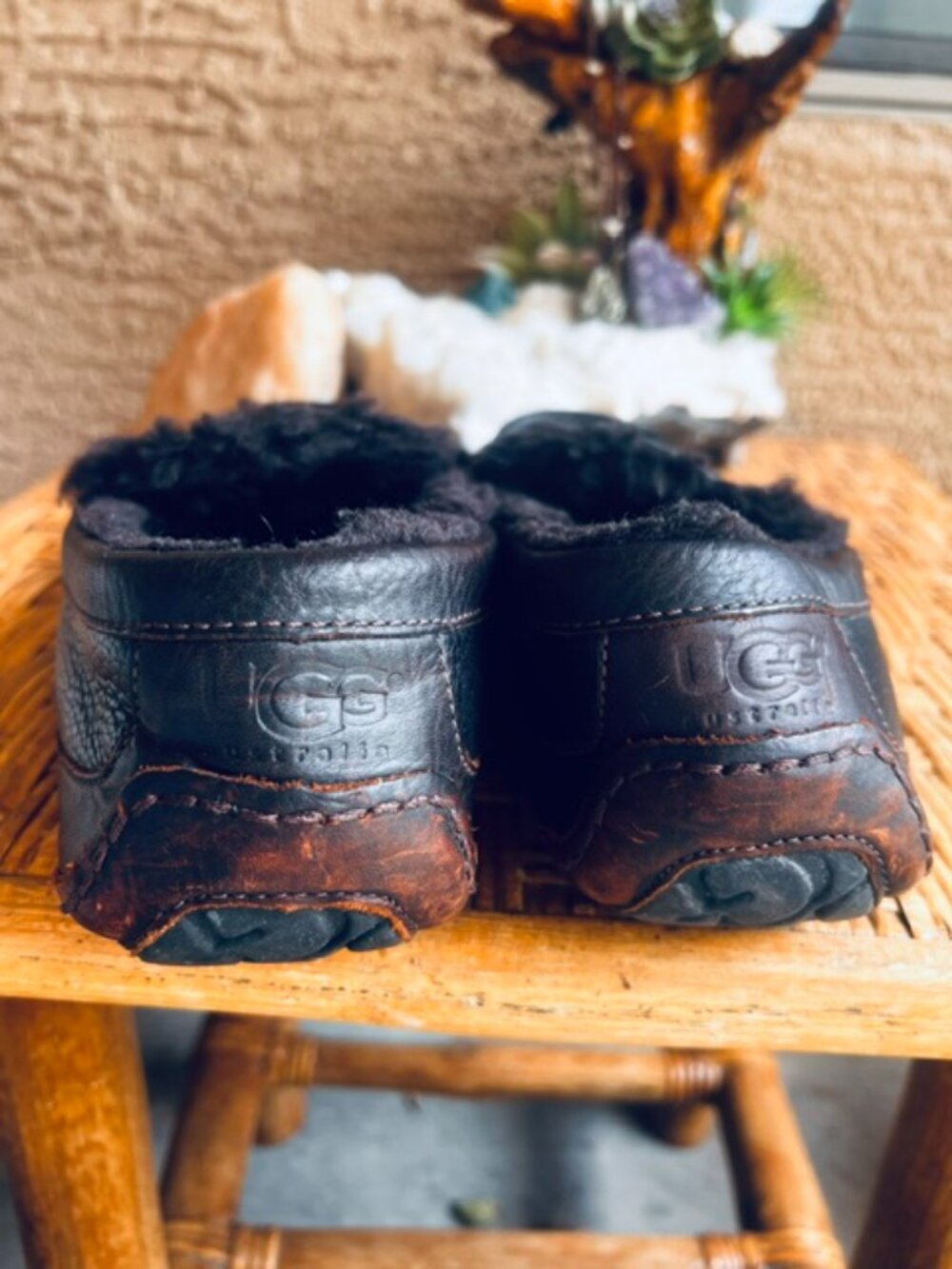 Mens sz 9 UGG Ascot Spice Brown Pebbled Leather Driver Slippers~ Like NEW!!